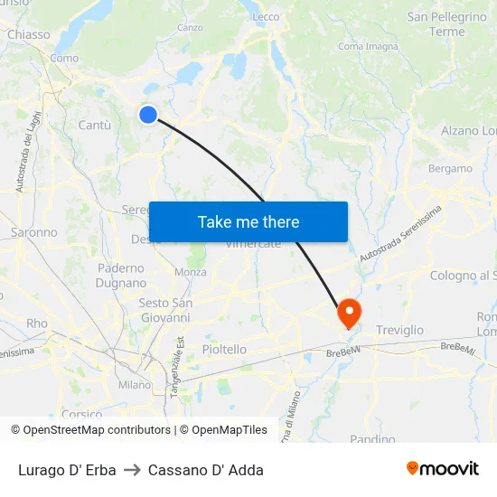 Lurago d'Erba to Cassano D'Adda map