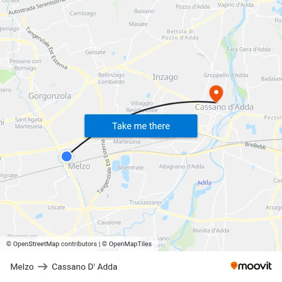 Melzo to Cassano D'Adda map