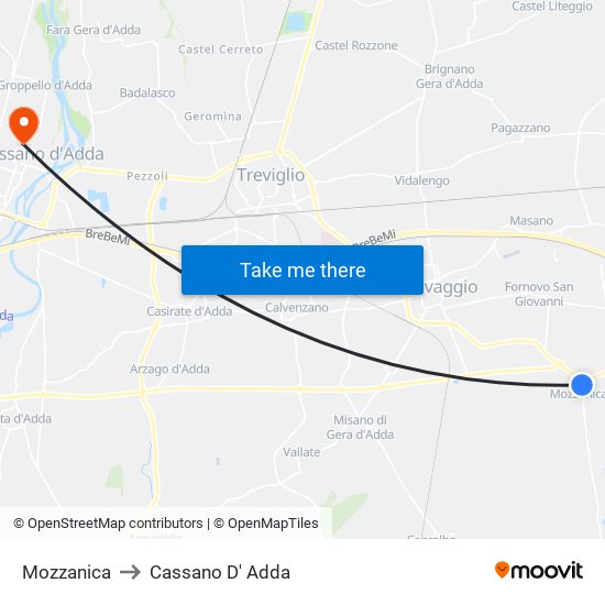 Mozzanica to Cassano D' Adda map