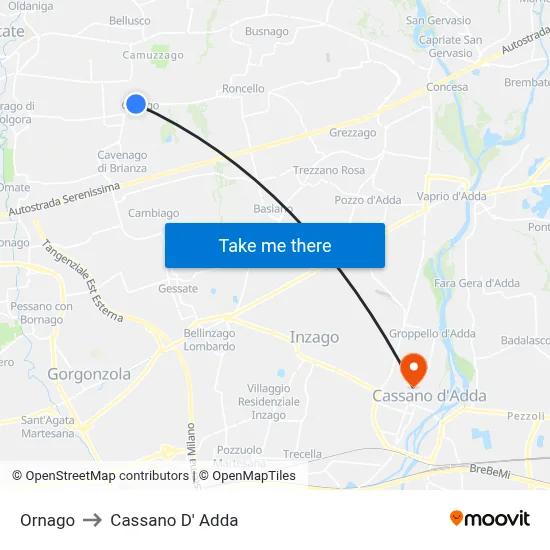 Ornago to Cassano D' Adda map