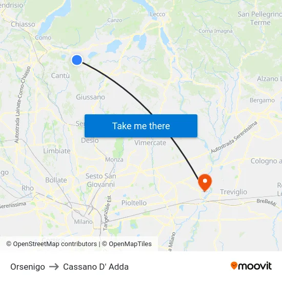 Orsenigo to Cassano D' Adda map