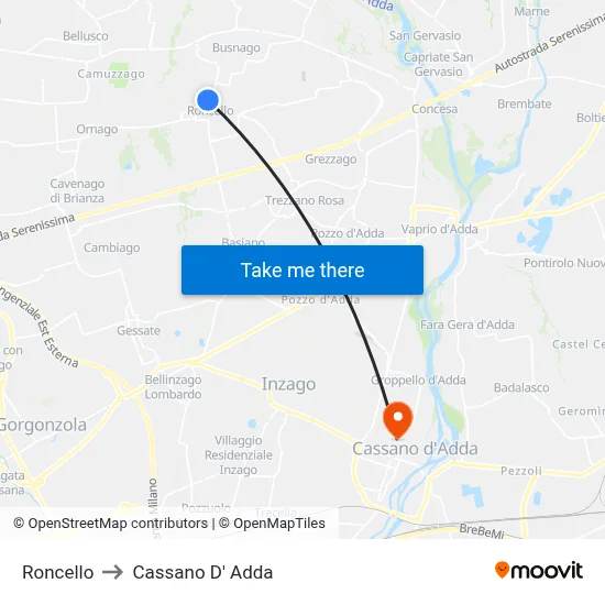 Roncello to Cassano D' Adda map