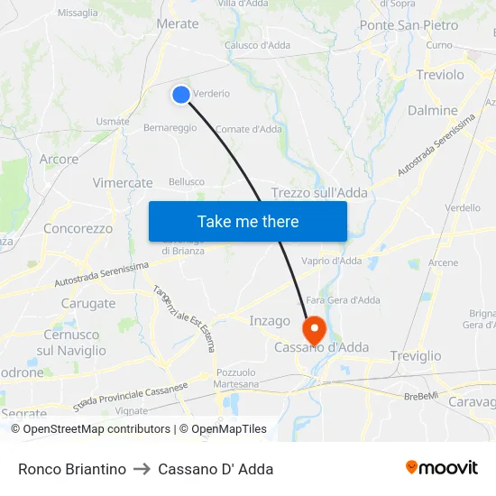 Ronco Briantino to Cassano D' Adda map