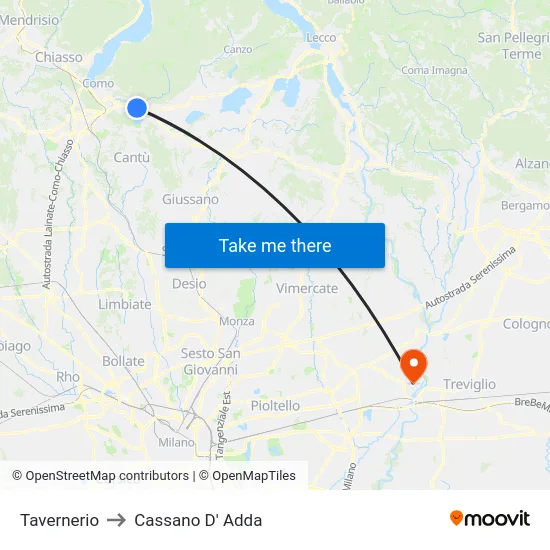 Tavernerio to Cassano D' Adda map