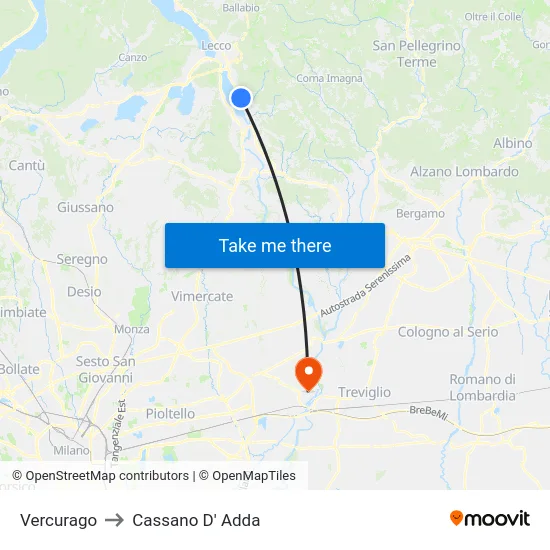 Vercurago to Cassano D'Adda map