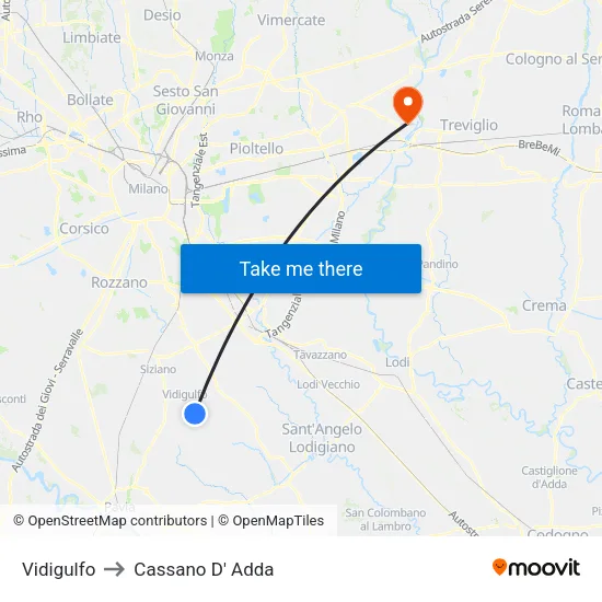 Vidigulfo to Cassano D' Adda map