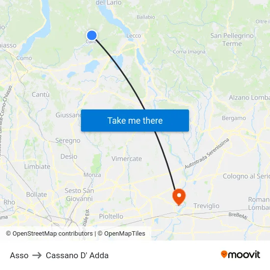 Asso to Cassano D' Adda map