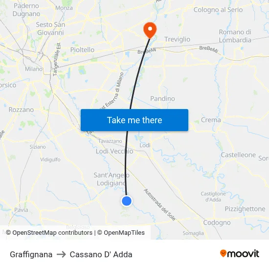 Graffignana to Cassano D'Adda map