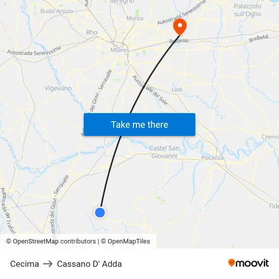 Cecima to Cassano D'Adda map