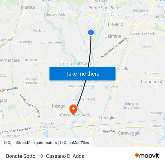 Bonate Sotto to Cassano D' Adda map