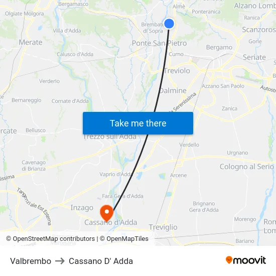 Valbrembo to Cassano D'Adda map