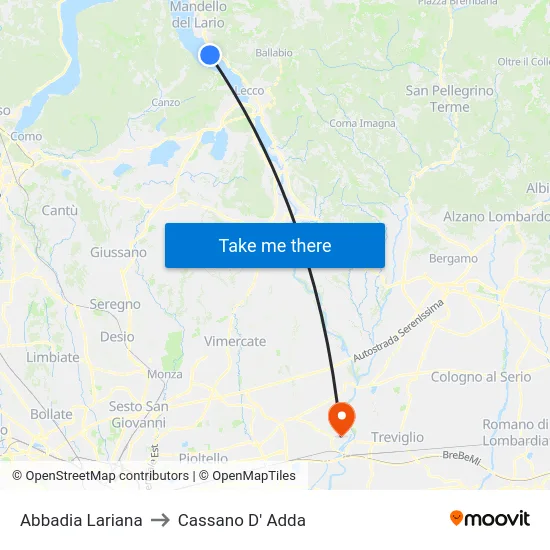 Abbadia Lariana to Cassano D'Adda map