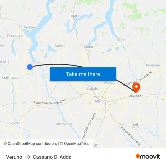 Veruno to Cassano D' Adda map
