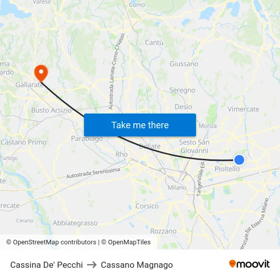 Cassina De' Pecchi to Cassano Magnago map