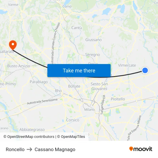 Roncello to Cassano Magnago map