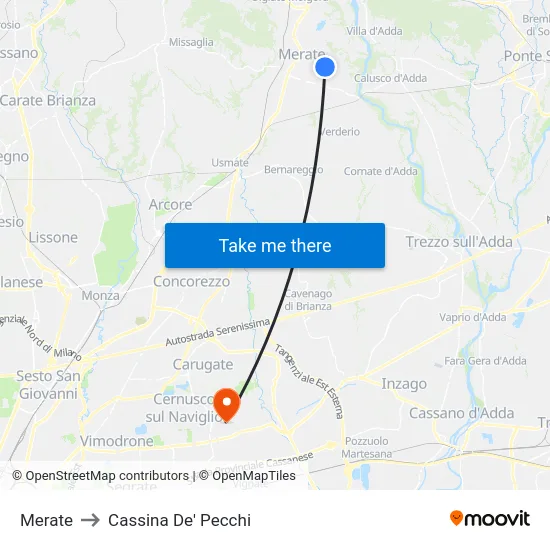 Merate to Cassina De' Pecchi map