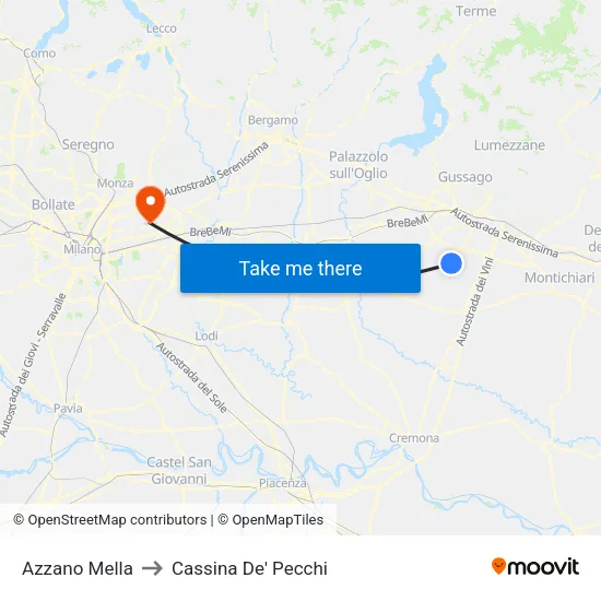 Azzano Mella to Cassina De' Pecchi map