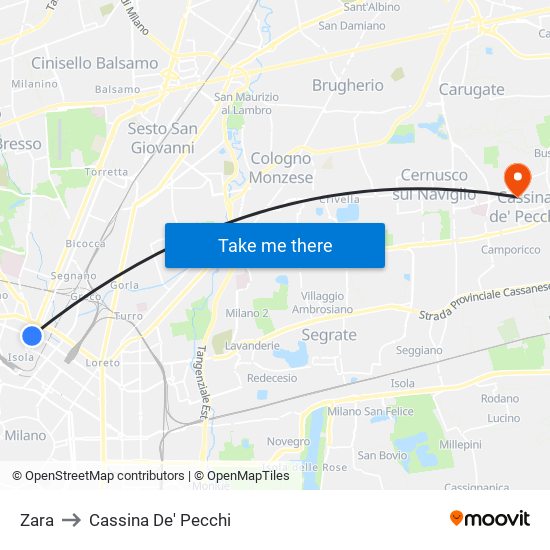 Zara to Cassina De' Pecchi map