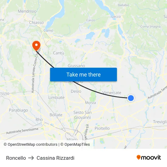 Roncello to Cassina Rizzardi map