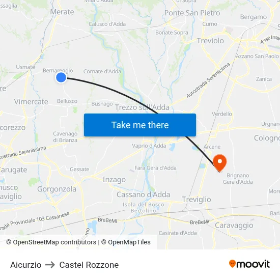 Aicurzio to Castel Rozzone map