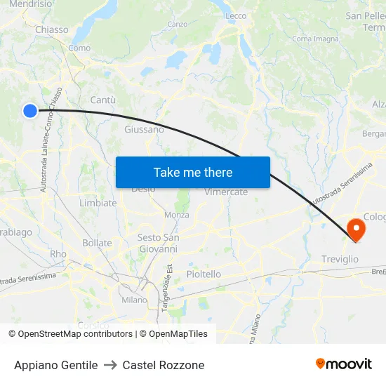 Appiano Gentile to Castel Rozzone map