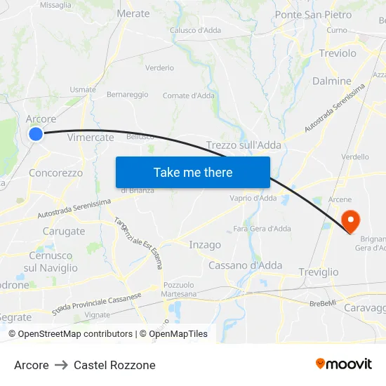 Arcore to Castel Rozzone map