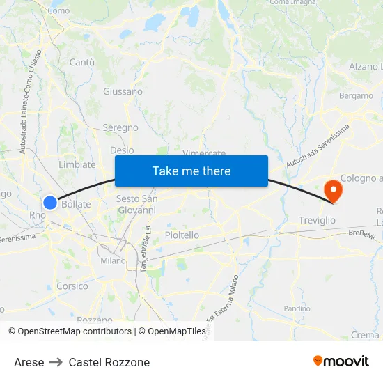 Arese to Castel Rozzone map
