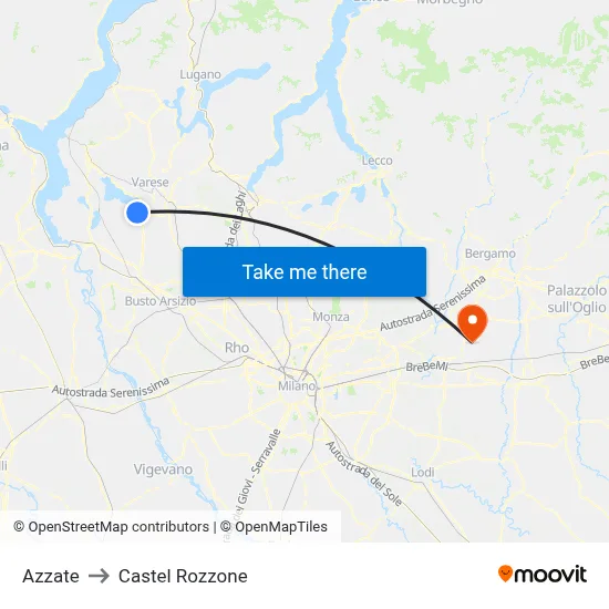 Azzate to Castel Rozzone map