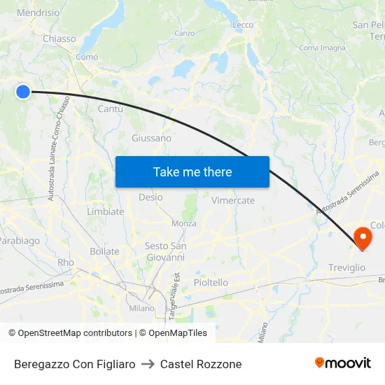Beregazzo con Figliaro to Castel Rozzone map