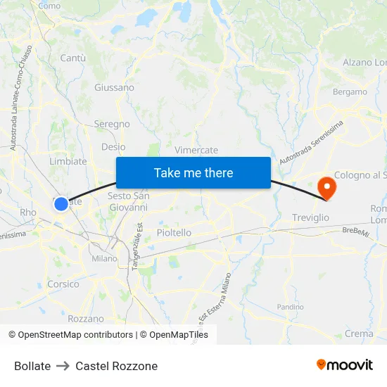 Bollate to Castel Rozzone map