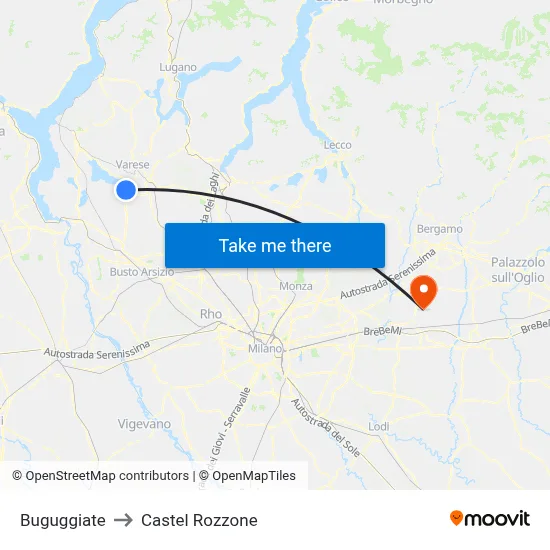 Buguggiate to Castel Rozzone map