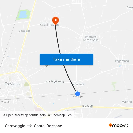 Caravaggio to Castel Rozzone map