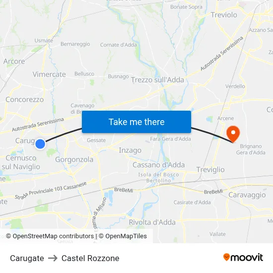 Carugate to Castel Rozzone map