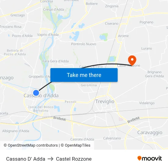 Cassano D'Adda to Castel Rozzone map