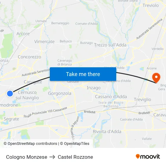 Cologno Monzese to Castel Rozzone map