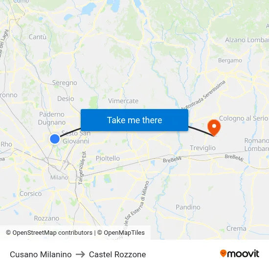 Cusano Milanino to Castel Rozzone map