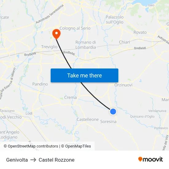 Genivolta to Castel Rozzone map