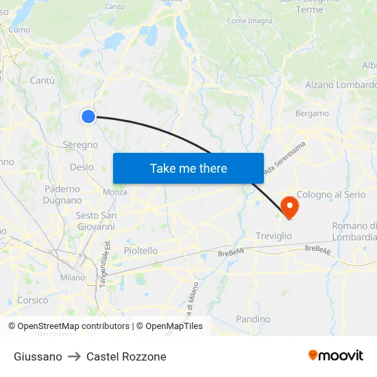 Giussano to Castel Rozzone map