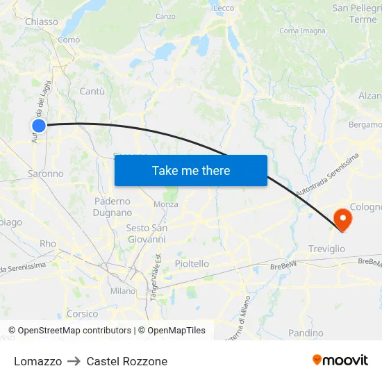 Lomazzo to Castel Rozzone map