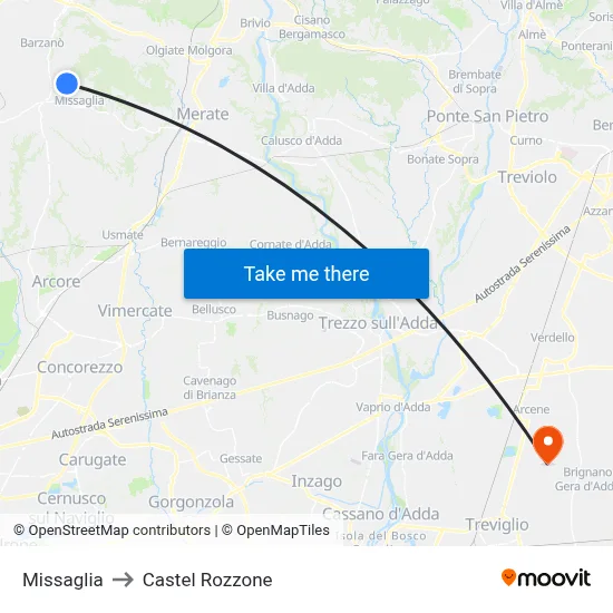 Missaglia to Castel Rozzone map