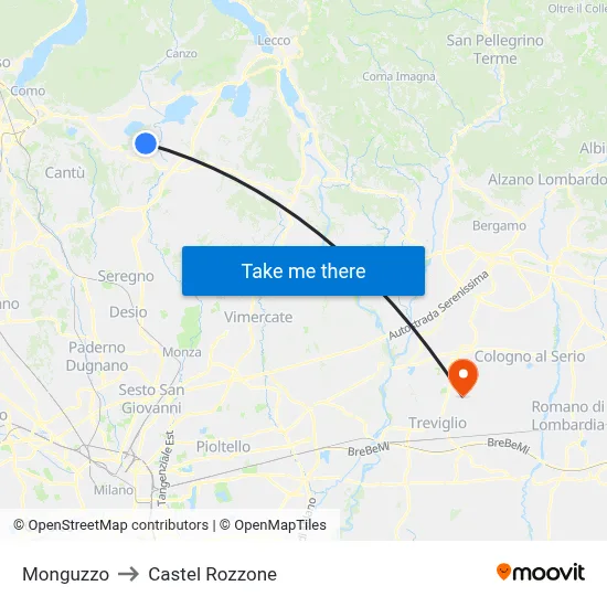 Monguzzo to Castel Rozzone map