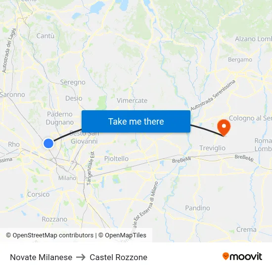 Novate Milanese to Castel Rozzone map
