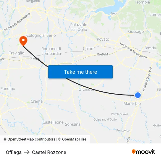 Offlaga to Castel Rozzone map