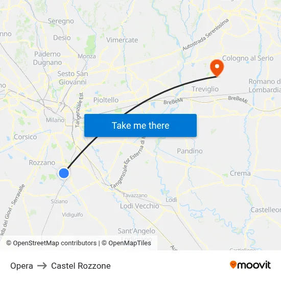 Opera to Castel Rozzone map