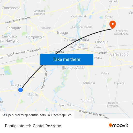 Pantigliate to Castel Rozzone map