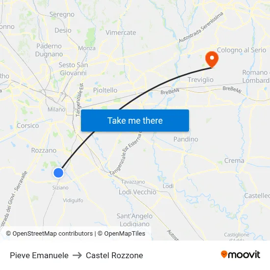 Pieve Emanuele to Castel Rozzone map