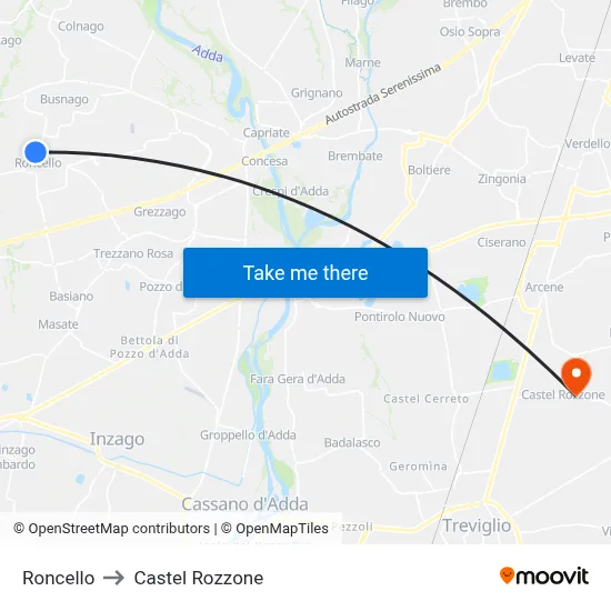 Roncello to Castel Rozzone map