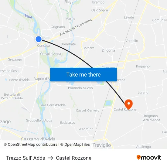 Trezzo Sull' Adda to Castel Rozzone map