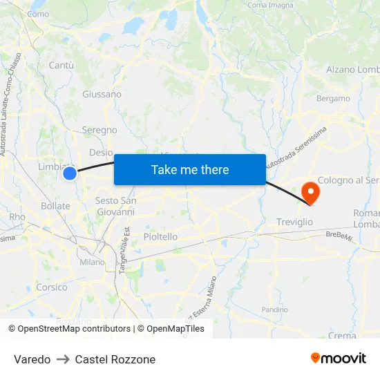 Varedo to Castel Rozzone map