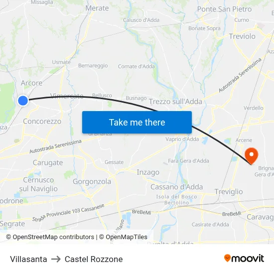 Villasanta to Castel Rozzone map